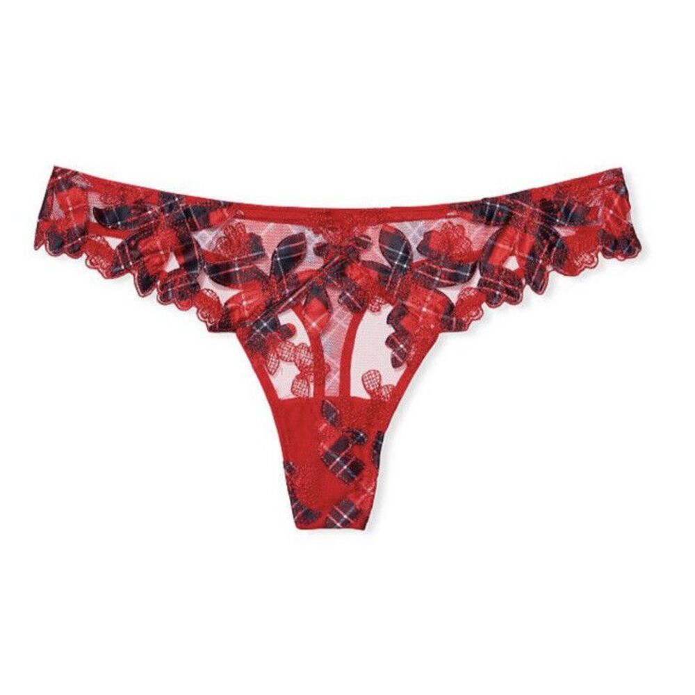 NWT Victoria's Secret Very Sexy Thong Panties Floral Embroidered Sz M Red Plaid
